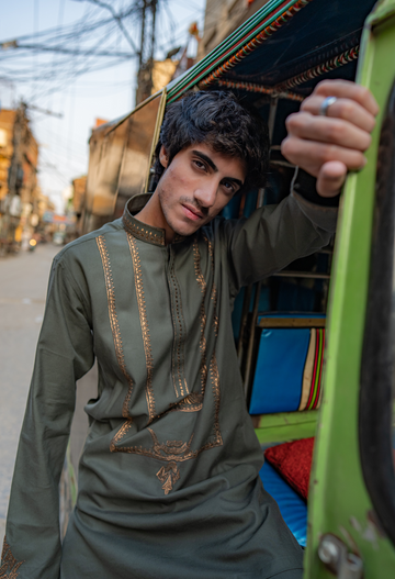 Olive Chickenkari Embroidered Kurta with Pajama For Men